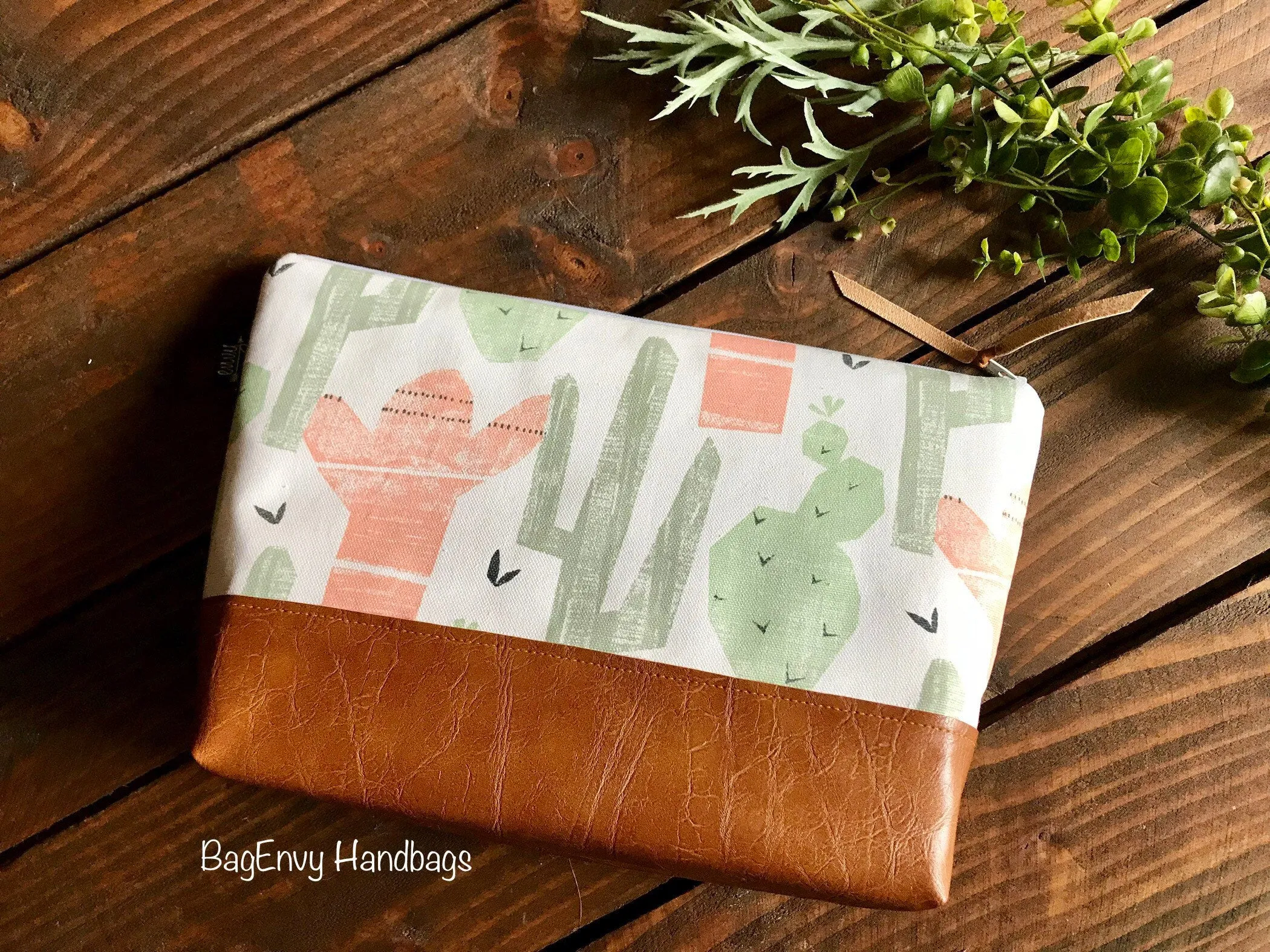 Cactus in Desert Sun with Vegan Leather - Large Make Up Bag / Diaper Clutch / Bridesmaid Gift