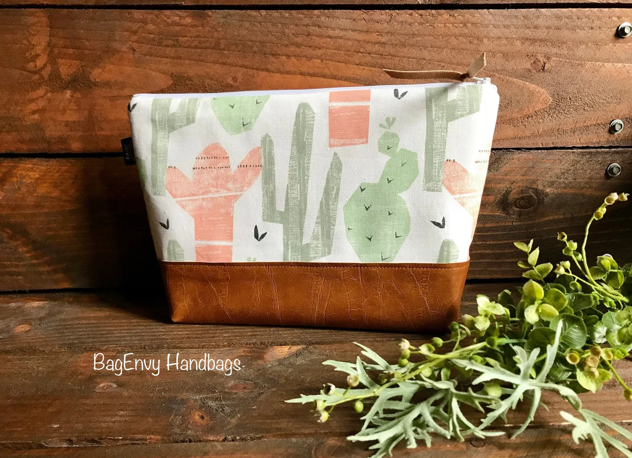 Cactus in Desert Sun with Vegan Leather - Large Make Up Bag / Diaper Clutch / Bridesmaid Gift