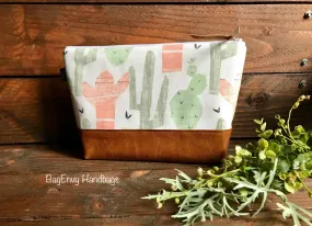 Cactus in Desert Sun with Vegan Leather - Large Make Up Bag / Diaper Clutch / Bridesmaid Gift