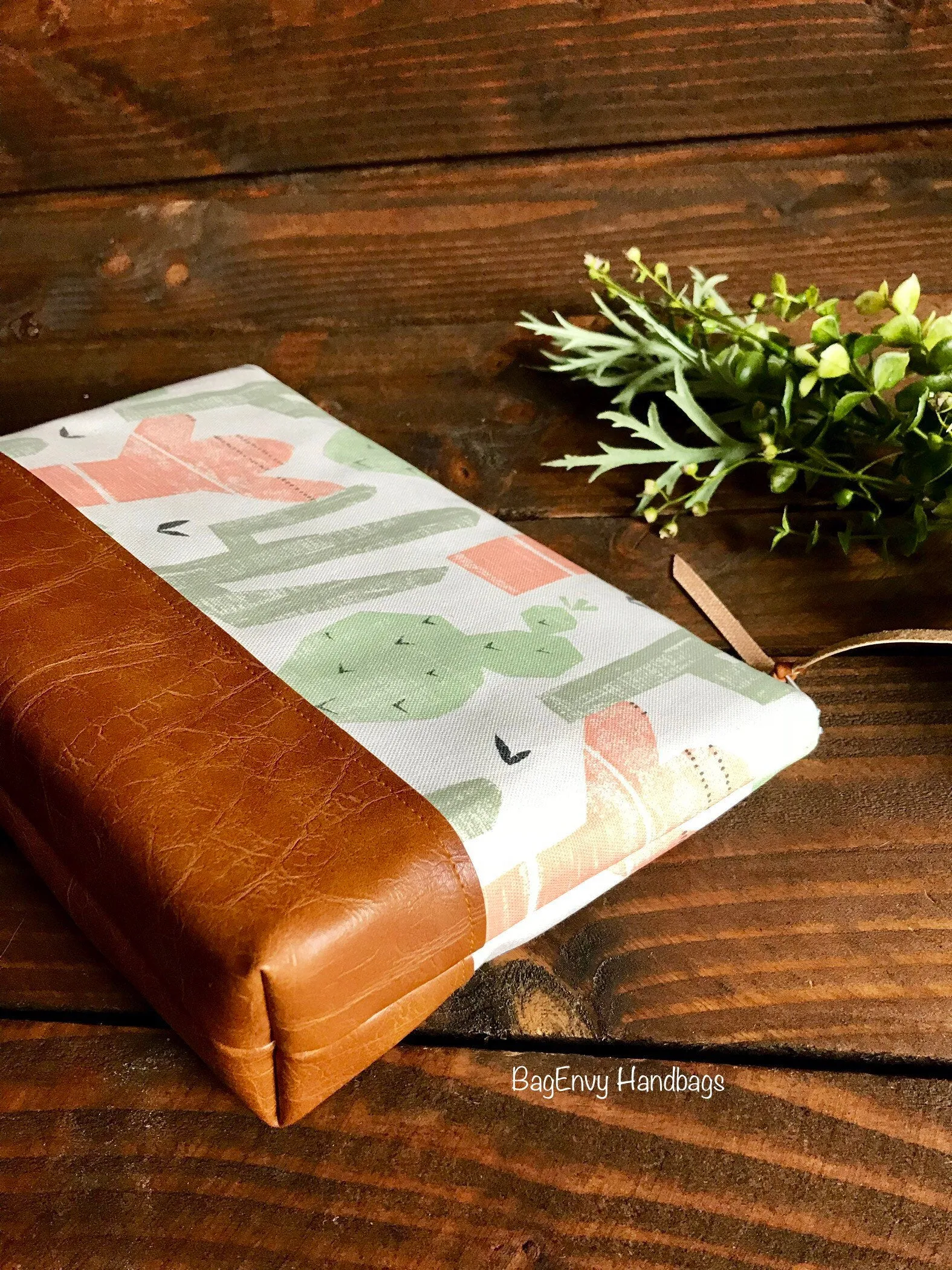Cactus in Desert Sun with Vegan Leather - Large Make Up Bag / Diaper Clutch / Bridesmaid Gift