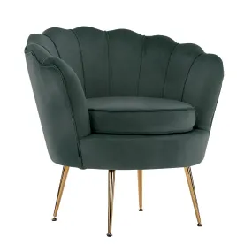 Green Velvet Armchair, Gold Legs, Scalloped Back - La Bella