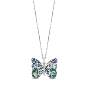 Hallmark Fine Jewelry Social Butterfly Pendant in Sterling Silver and Aurora Borealis Blue Carved Mother of Pearl with Diamonds