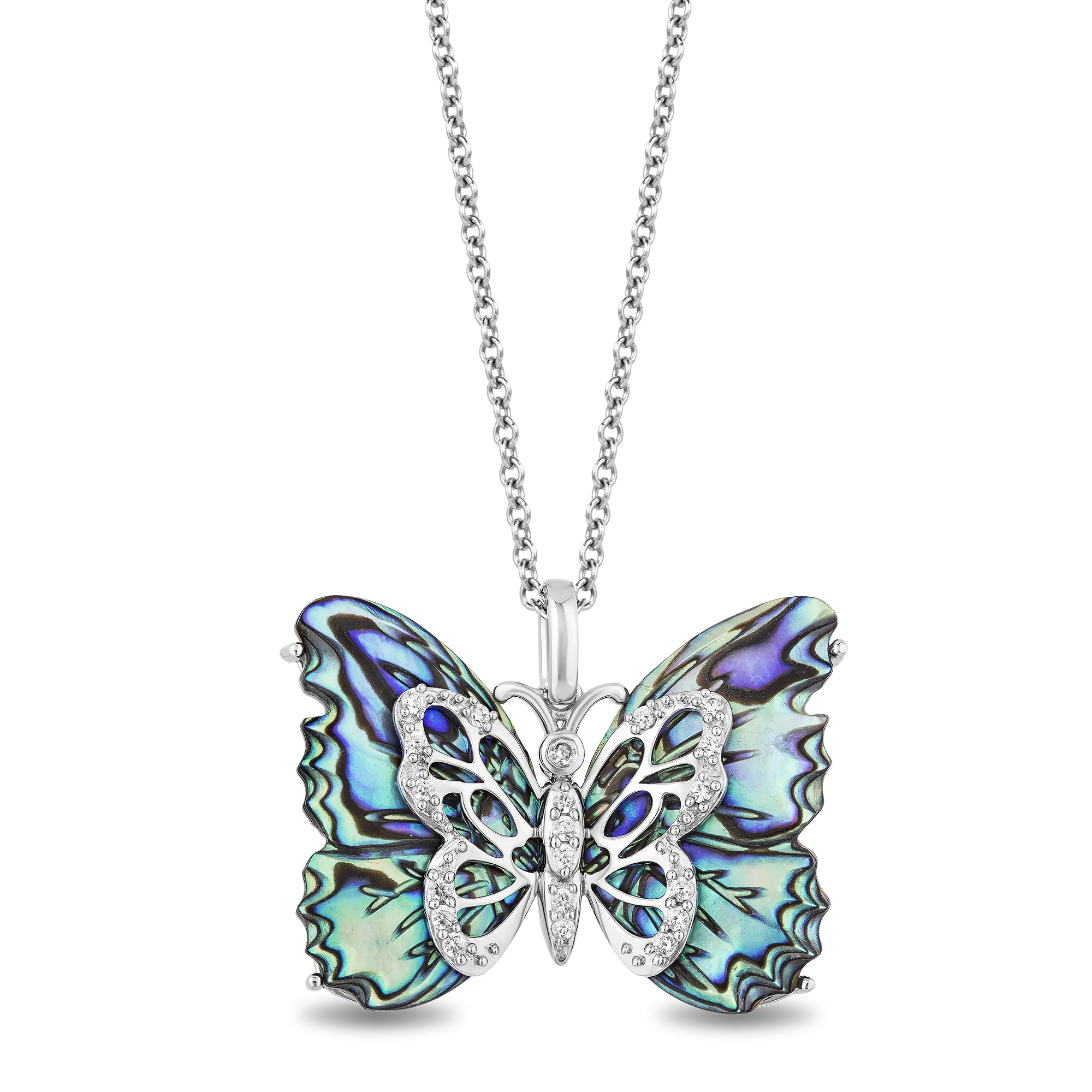 Hallmark Fine Jewelry Social Butterfly Pendant in Sterling Silver and Aurora Borealis Blue Carved Mother of Pearl with Diamonds
