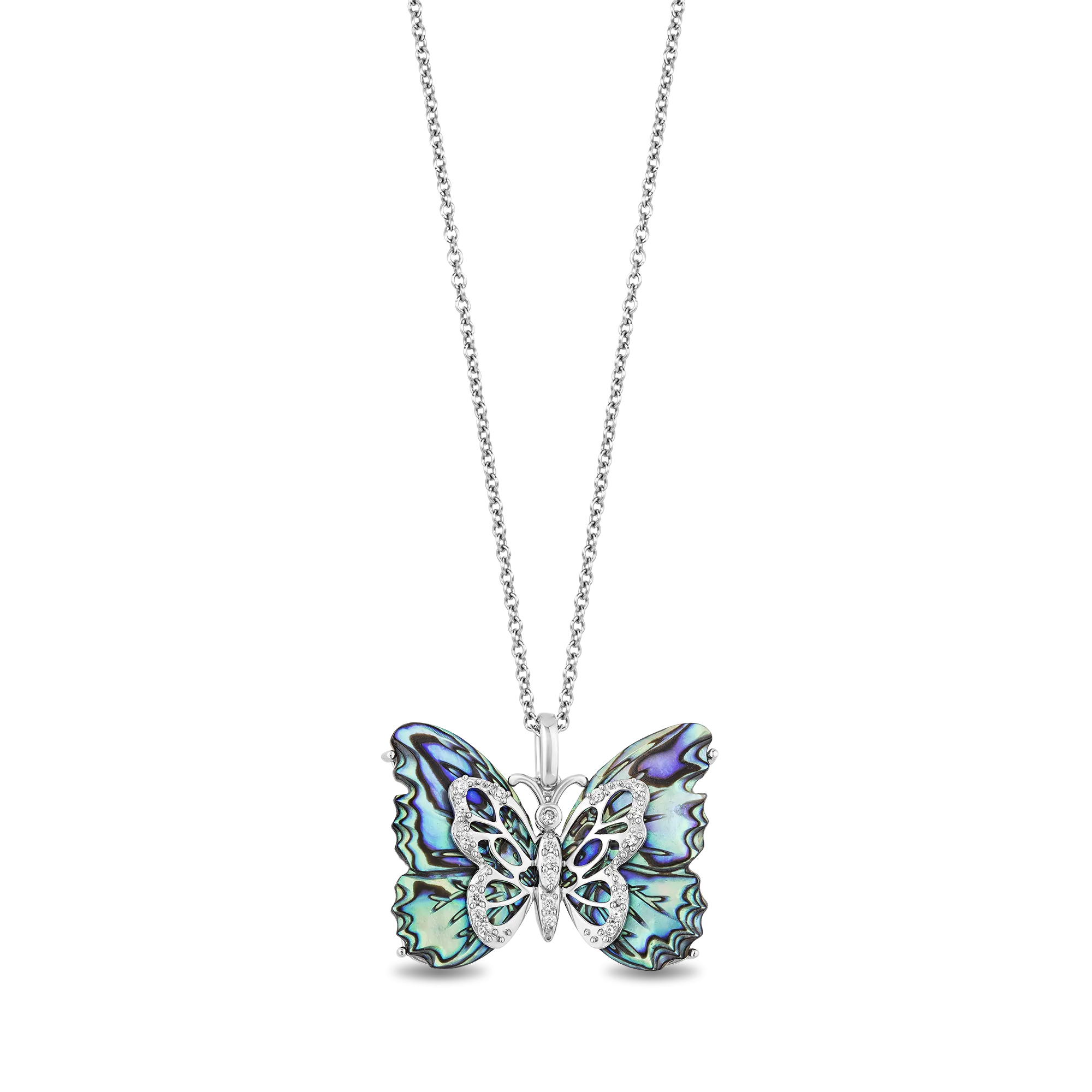 Hallmark Fine Jewelry Social Butterfly Pendant in Sterling Silver and Aurora Borealis Blue Carved Mother of Pearl with Diamonds