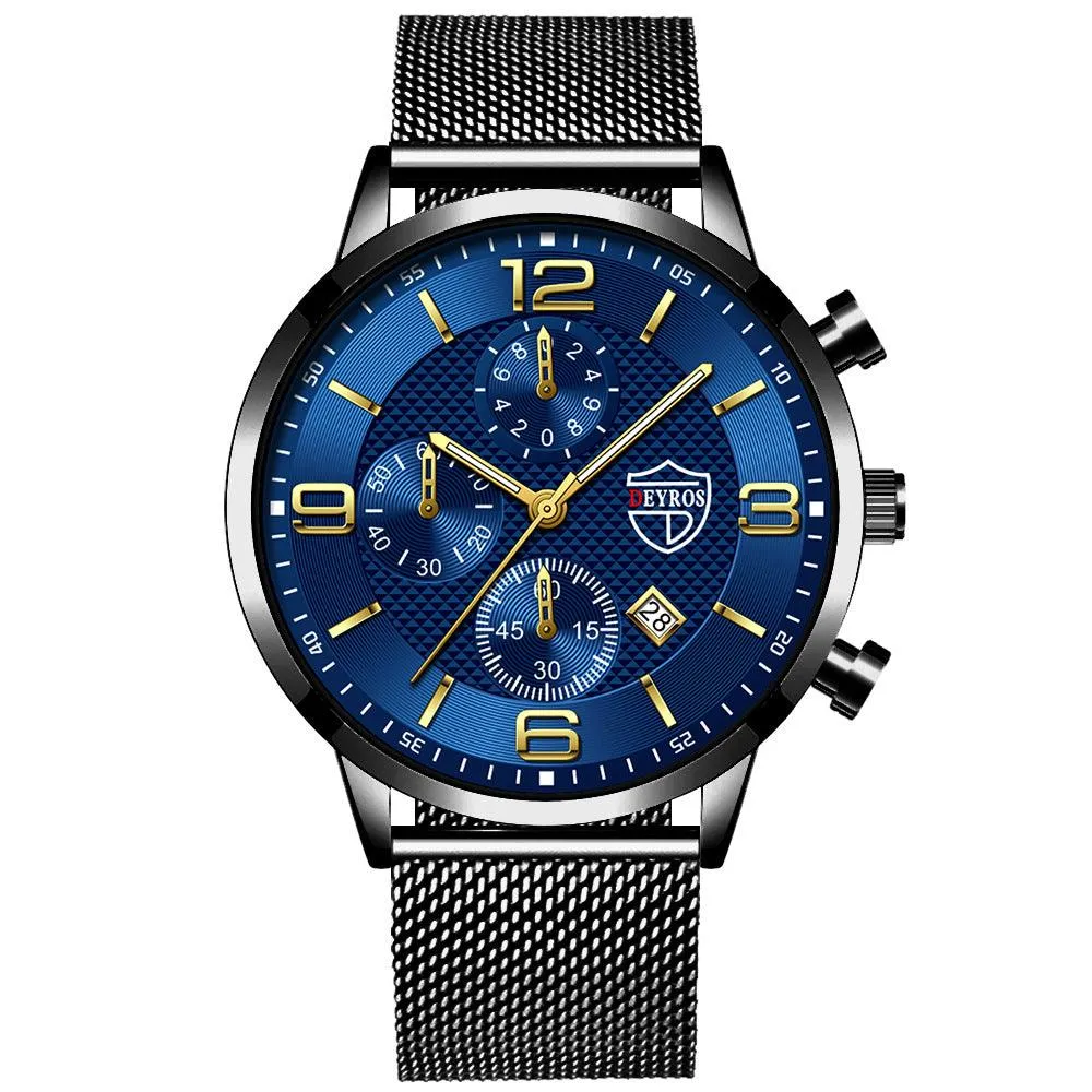 Men's Business Calendar Watch Stainless Steel Quartz Wrist Watch with Luminous Function