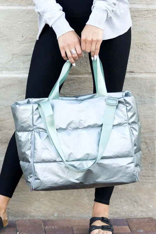 Metallic Puffer Large Tote Weekender Getaway Shoulder Crossbody Bag