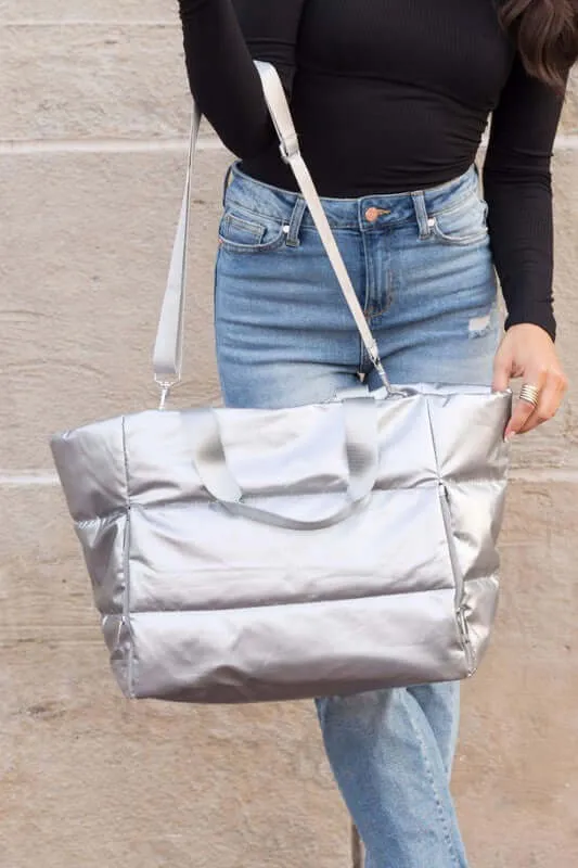 Metallic Puffer Large Tote Weekender Getaway Shoulder Crossbody Bag