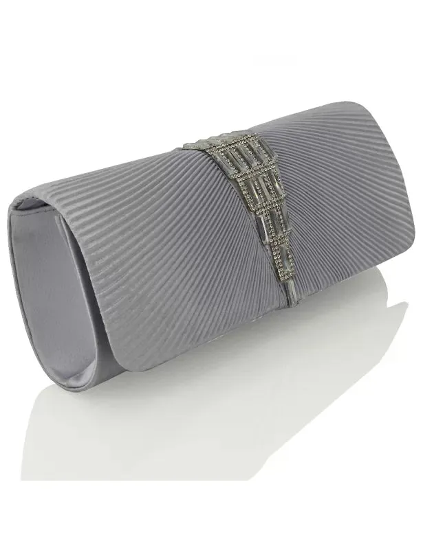TESSA PLEATED DETAIL DIAMANTE RHINESTONE EVENING CLUTCH BAG IN SILVER SATIN